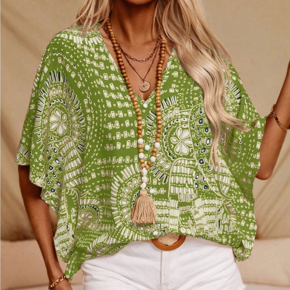 Green Floral Abstract Boho Batwing Sleeve Loose Fitting Shirt